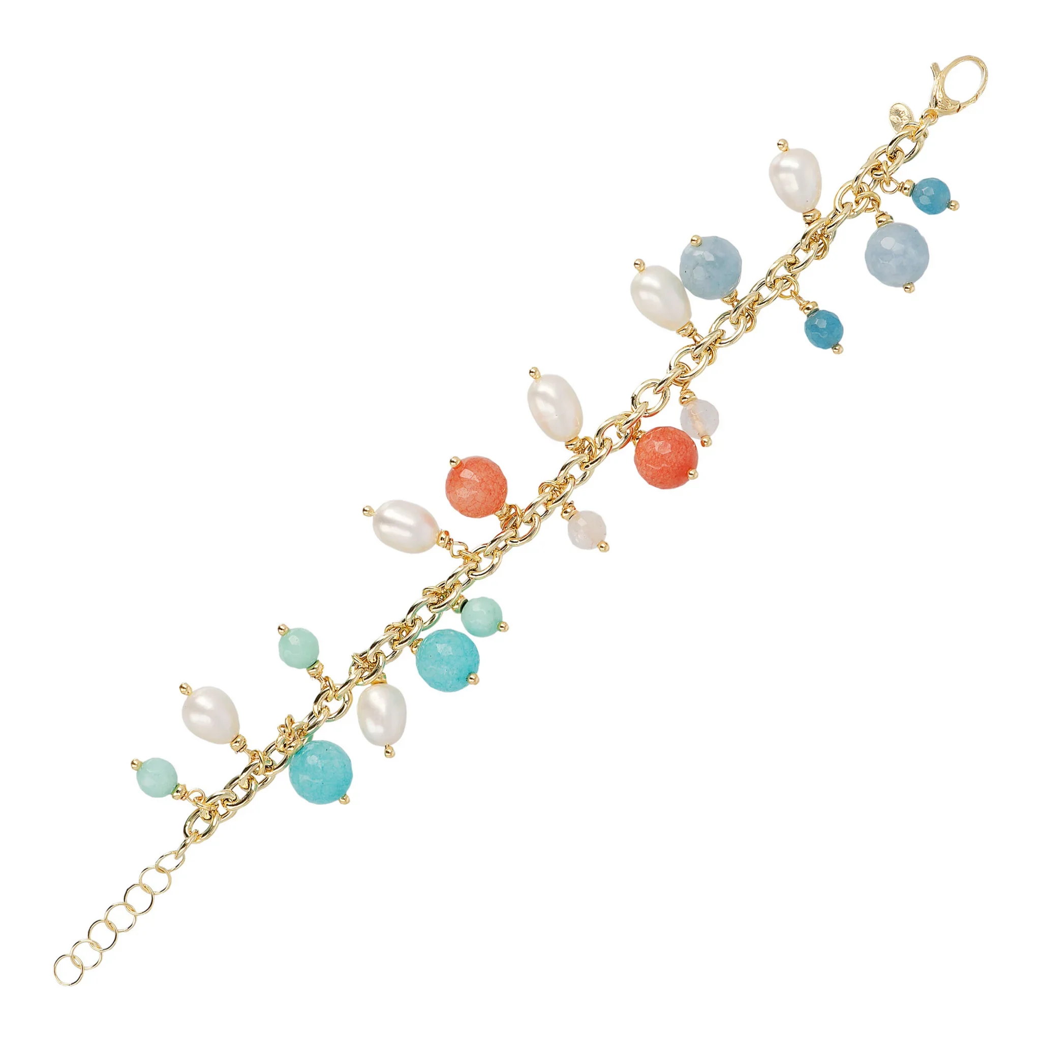 Bracciale Catena Rolo con Ciondoli in Giada, Quarzite e Perle Bianche d'Acqua Dolce Ø 7/9 mm - Image 3